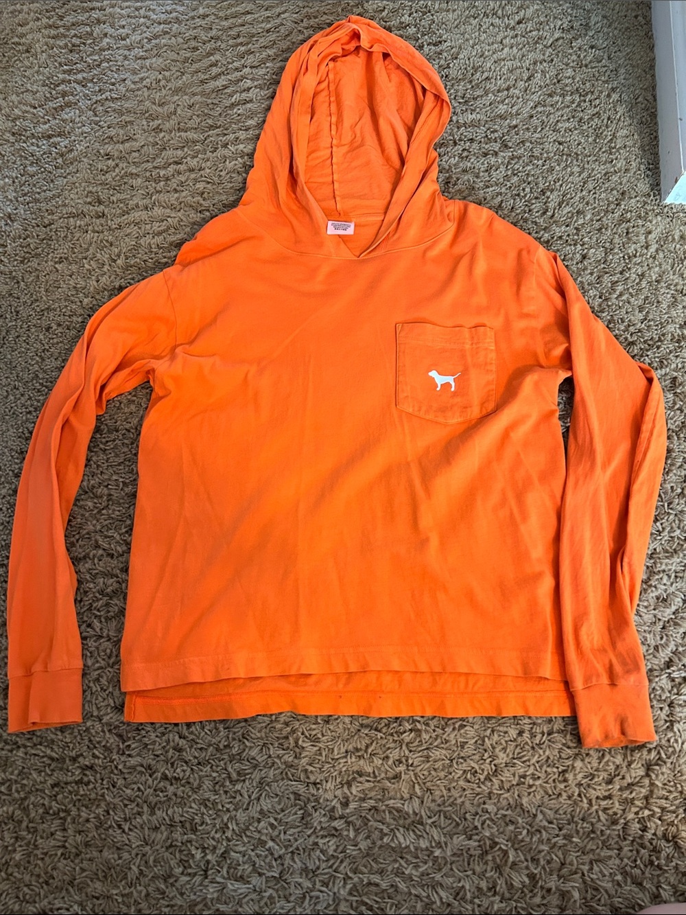 Victoria secret PINK orange hooded shirt size XS well loved see pics
